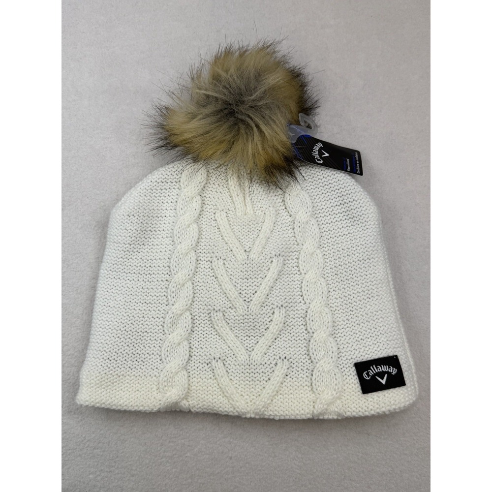Callaway Golf Womens Beanie Cable Knit Pom Hat Fleece Lined NEW MSRP $30